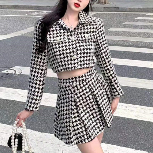 Two Piece Set Vintage Tweed Crop Top Long Sleeve Short Jacket Coat A-line Mini Skirts Korean Sets Sweet Autumn New 2022
