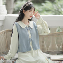 Load image into Gallery viewer, Two Piece Set Women Cute Japan Sweet Dress Suit Fall Bow Sleeveless Blue Vest+Chic Doll Collar Dress Elegant Lovely Outfits Lady