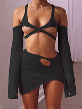 Load image into Gallery viewer, Two Piece Set Women Sexy Tracksuits Bandage Cut Out Long Sleeve Camisole+High Waist Mini Skirts 2022 Summer Punk Grunge Clothes