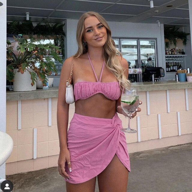 Two Piece Set Women Skirt 2021 Summer Sexy Halter Crop Top And Mini Skirts Suits Vacation Outfits Beach Club Party Dress Sets