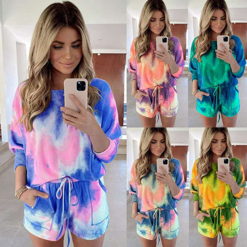 Two Piece Set Women Tracksuit Summer Clothes Tie Dye Print T-shirt Top and Shorts Suit Co Ord Sets Active Pajamas Lounge Wear