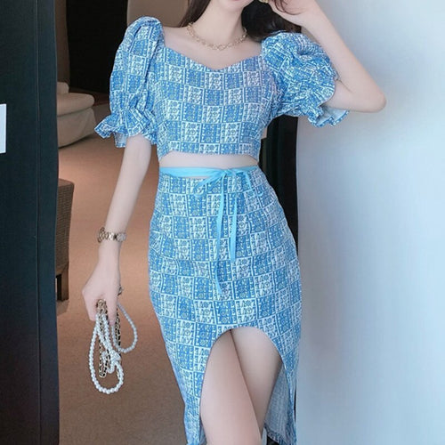 Two Piece Sets Women Niche French Sweet Temperament Puff Sleeve Top + Irregular Skirt Suits Ensembles Femme Conjuntos De Vestido