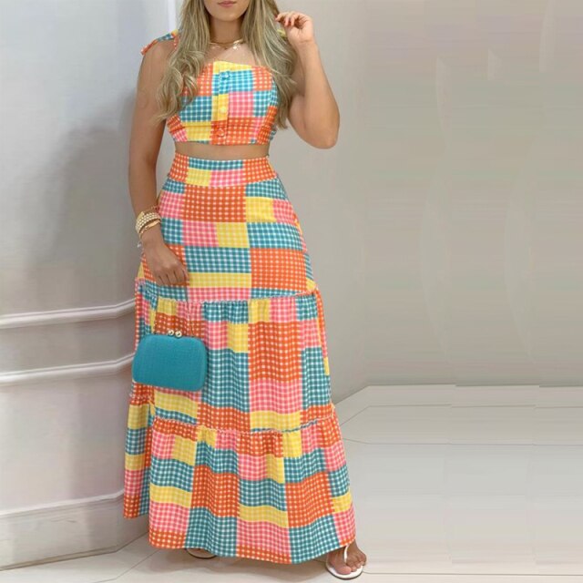 Two Piece Sexy Bandage Tube Top & High Waist Plaid Maxi Skirt Set Women Summer Casual Dress Suits Elegant Hem Skirt 2pcs