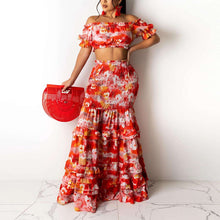 Load image into Gallery viewer, Two Piece Women Floral Printed Chiffon Dress Suits Sexy Off Shoulder Raglan Sleeve Tube Top&amp; Ruffel Hem Splicing Maxi Skirts Set