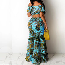 Load image into Gallery viewer, Two Piece Women Floral Printed Chiffon Dress Suits Sexy Off Shoulder Raglan Sleeve Tube Top&amp; Ruffel Hem Splicing Maxi Skirts Set