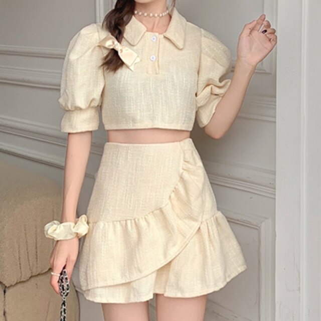 Two-piece Fashion Set Of Small Incense Style New Turn Down Collar Casual Crop Top + Ruffle High Waist Skirt Suits Ensemble Femme