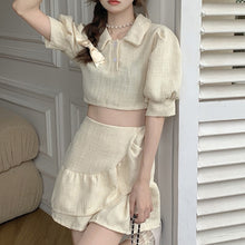 Load image into Gallery viewer, Two-piece Fashion Set Of Small Incense Style New Turn Down Collar Casual Crop Top + Ruffle High Waist Skirt Suits Ensemble Femme