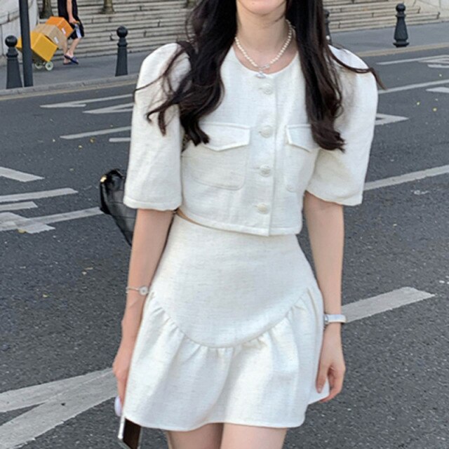 Two-piece Sets Women Bubble Short-sleeve Crop Top Female + High Waist Thin A-line Skirt Ensembles Femme 2021 Conjuntos De Mujer