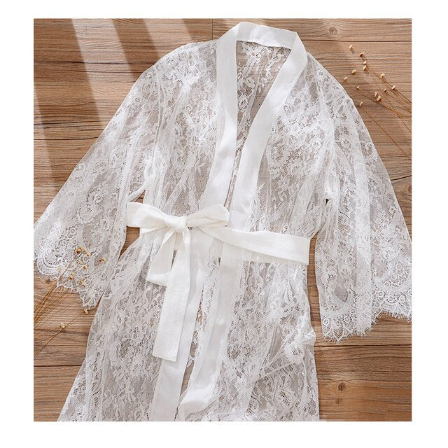 Ultra-Thin Lace Transparent Kimono Robe with Belt Homewear Perspective Temptation Women Sexy Robes Black White Bathrobe Gowns