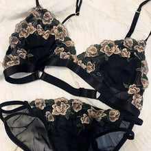 Load image into Gallery viewer, Ultra-Thin Women Sexy Bras Panties Sets French Embroidery Full Lace Bralette Triangle Cup Wire Free Mesh Bra with Cotton Pad