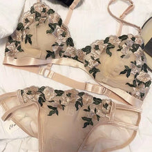 Load image into Gallery viewer, Ultra-Thin Women Sexy Bras Panties Sets French Embroidery Full Lace Bralette Triangle Cup Wire Free Mesh Bra with Cotton Pad