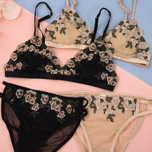 Load image into Gallery viewer, Ultra-Thin Women Sexy Bras Panties Sets French Embroidery Full Lace Bralette Triangle Cup Wire Free Mesh Bra with Cotton Pad