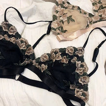 Load image into Gallery viewer, Ultra-Thin Women Sexy Bras Panties Sets French Embroidery Full Lace Bralette Triangle Cup Wire Free Mesh Bra with Cotton Pad