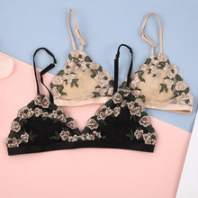 Load image into Gallery viewer, Ultra-Thin Women Sexy Bras Panties Sets French Embroidery Full Lace Bralette Triangle Cup Wire Free Mesh Bra with Cotton Pad