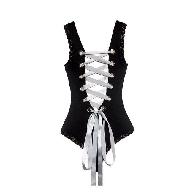 Ultra-thin Woman Lace Up Bodysuit Plus Size Lace High Neck Cut Out Back Fitness Bodycon Jumpsuit Body Manche Longue Femme