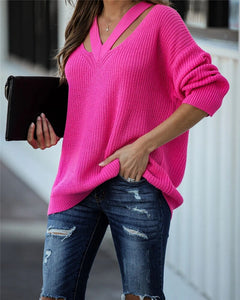 V Neck Casual Women Pulovers Sweaters Boho Holiday Knitwear Sweater Oversize Long Sleeve Solid Jumper Top Winter New