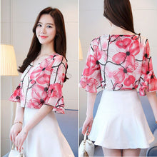 Load image into Gallery viewer, V-Neck Chiffon Blouses Shirts Women Short Sleeve Casual Summer Style Flower Printed Blusas Lady Tops