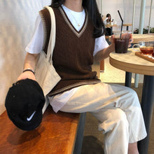 Load image into Gallery viewer, V Neck Patchwork Sleeveless Knitted Vest All-match College Style Pullover 2022 Spring New Loose Twist Stripes Waistcoat Sweater