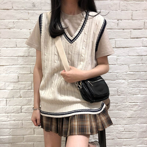 V Neck Patchwork Sleeveless Knitted Vest All-match College Style Pullover 2022 Spring New Loose Twist Stripes Waistcoat Sweater