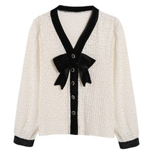 Load image into Gallery viewer, V-neck Bow Knit Sweater Women&#39;s Spring Autumn Design Lace Knit Cardigan Long Sleeve Elegant Korean Style Chic Ladies Pull Femme