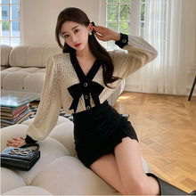 Load image into Gallery viewer, V-neck Bow Knit Sweater Women&#39;s Spring Autumn Design Lace Knit Cardigan Long Sleeve Elegant Korean Style Chic Ladies Pull Femme