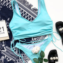 Load image into Gallery viewer, V-neck Drawstring Bra High Cut Briefs Bathing Suit Bra Briefs Suit Bandage Pure Color Wrinkle Swimming Costume for Party