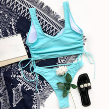 Load image into Gallery viewer, V-neck Drawstring Bra High Cut Briefs Bathing Suit Bra Briefs Suit Bandage Pure Color Wrinkle Swimming Costume for Party