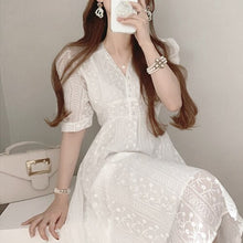 Load image into Gallery viewer, V-neck Embroidered Chic Puff Sleeve Robe Femme Simple Korean Japan Style Office Ladies Vestidos Elegant Runway Party Midi Dress