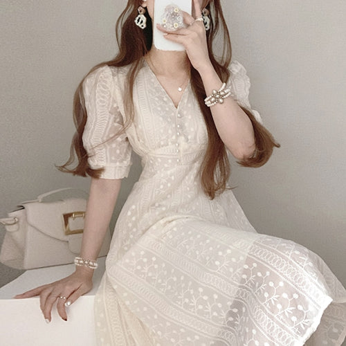 V-neck Embroidered Chic Puff Sleeve Robe Femme Simple Korean Japan Style Office Ladies Vestidos Elegant Runway Party Midi Dress