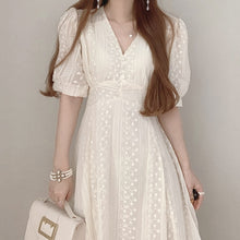Load image into Gallery viewer, V-neck Embroidered Chic Puff Sleeve Robe Femme Simple Korean Japan Style Office Ladies Vestidos Elegant Runway Party Midi Dress