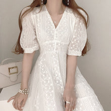 Load image into Gallery viewer, V-neck Embroidered Chic Puff Sleeve Robe Femme Simple Korean Japan Style Office Ladies Vestidos Elegant Runway Party Midi Dress
