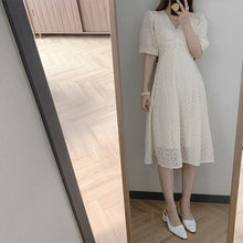 Load image into Gallery viewer, V-neck Embroidered Chic Puff Sleeve Robe Femme Simple Korean Japan Style Office Ladies Vestidos Elegant Runway Party Midi Dress