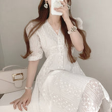 Load image into Gallery viewer, V-neck Embroidered Chic Puff Sleeve Robe Femme Simple Korean Japan Style Office Ladies Vestidos Elegant Runway Party Midi Dress