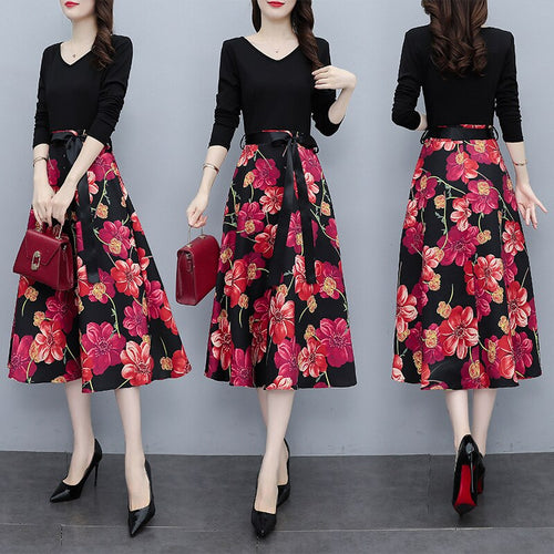 V-neck Long Sleeve Patchwork Lace-up High Waist Floral Print Midi Dress Women Autumn Vintage Elegant Plus Size Dresses Female