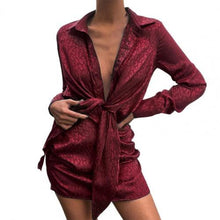 Load image into Gallery viewer, V-neck Soft Silk Satin Dress Women 2021 Spring Long Sleeve Collect Waist tie knot Mini Short Dress Elegant Lady Office Dresses