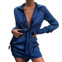 Load image into Gallery viewer, V-neck Soft Silk Satin Dress Women 2021 Spring Long Sleeve Collect Waist tie knot Mini Short Dress Elegant Lady Office Dresses