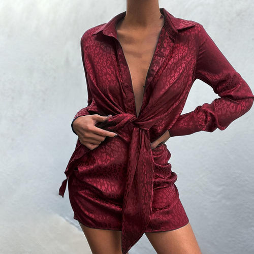V-neck Soft Silk Satin Dress Women 2021 Spring Long Sleeve Collect Waist tie knot Mini Short Dress Elegant Lady Office Dresses