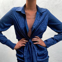 Load image into Gallery viewer, V-neck Soft Silk Satin Dress Women 2021 Spring Long Sleeve Collect Waist tie knot Mini Short Dress Elegant Lady Office Dresses