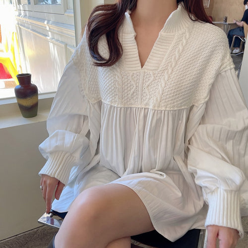 V-neck Stitched Knit Puff Sleeve Woman Shirts Design Loose Casual Elegant Korean Style Chic Blouse Women Autumn Vintage Blusas