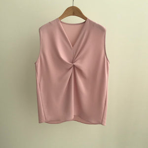 V-neck Twisted Sleeveless Shirt Simple Korean Chic Office Lady Solid Women Tops Elegant Temperament All Match Summer Blusas Moda