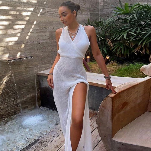 Vacation Knitted Beach Maxi Dress Women Summer 2021 Elegant Sexy Club Party Hollow Out Bodycon Dresses Backless Beachwear White