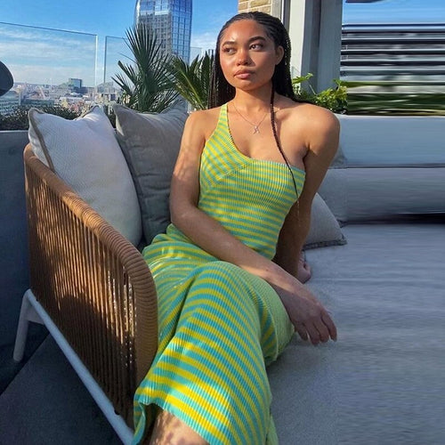 Vacation Sexy Backless Slit Striped Beach Long Dresses Women Elegant Off Shoulder Wrap Skinny Party Midi Dress 2021Summer Casual