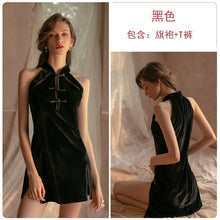 Load image into Gallery viewer, Velvet Nightgowns Sexy Lingerie Side Split Strap Nightdress Women Sleepwear Hollow Embroidery Classic Dress Cheongsam Uniform