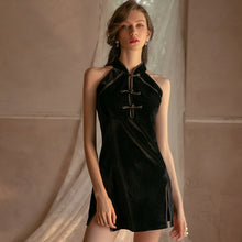 Load image into Gallery viewer, Velvet Nightgowns Sexy Lingerie Side Split Strap Nightdress Women Sleepwear Hollow Embroidery Classic Dress Cheongsam Uniform