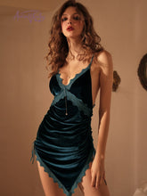 Load image into Gallery viewer, Velvet Sleepwear Female Winter Lace Deep V Side Split Strap Cheongsam Dress Nightdress Hollow Backless Nightgown Nightwear