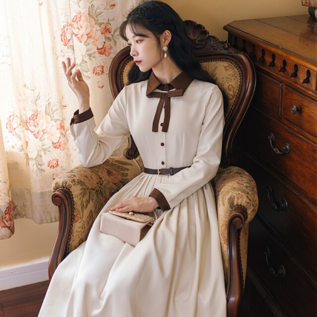 Vestidos de mujer Casual Dress Women Autumn Design Niche Contrast Color Stitching Lapel Simple Fashion French Retro Maxi Dress