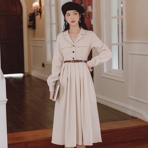 Vestidos de mujer casual Dress Female Suit Lapel Simple Retro Midi Dress Women Fall Korean Fashion Pleated Dress Office Lady Y2K