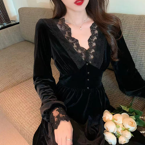 Vintage Black Velvet Women Dress Sexy V-Neck Lace Petal Sleeve Elegant Lady Midi Dresses For Party Night Vestido Negro