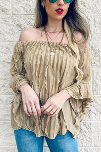 Vintage Distressed Folds Slash Neck Women Tops Chic Heavy Industry Three Dimensional Fold Design Loose Lantern Sleeve Shirts