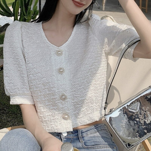 Vintage Elegant OL Short Tops Women 2021 Summer White Puff Sleeve Single-Breasted Blouse Jacket  Female Shirts Veste Femme New